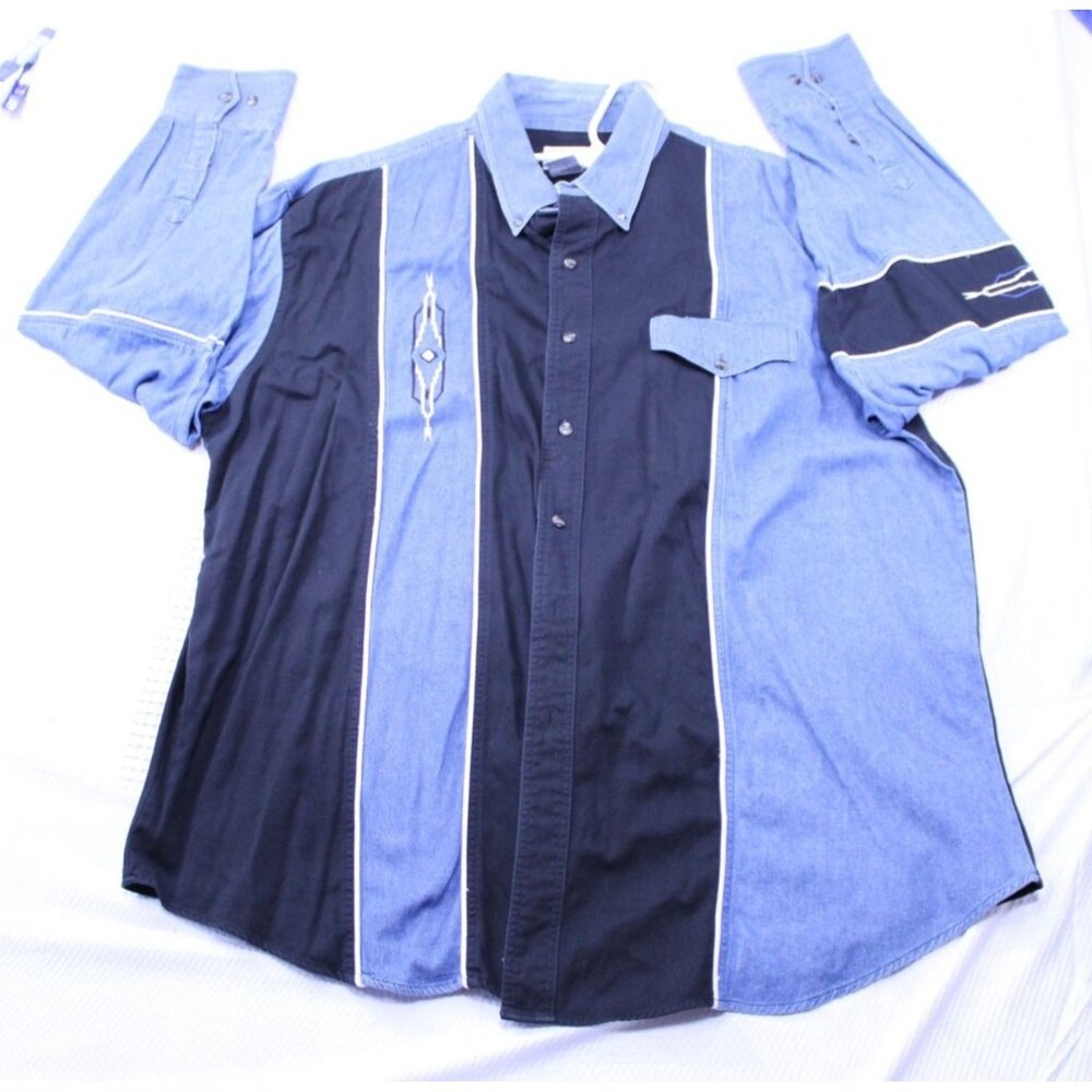 VTG Denim Western Shirt Mens 2XL Black Blue Rodeo Cowboy‎ Colorblock 90s